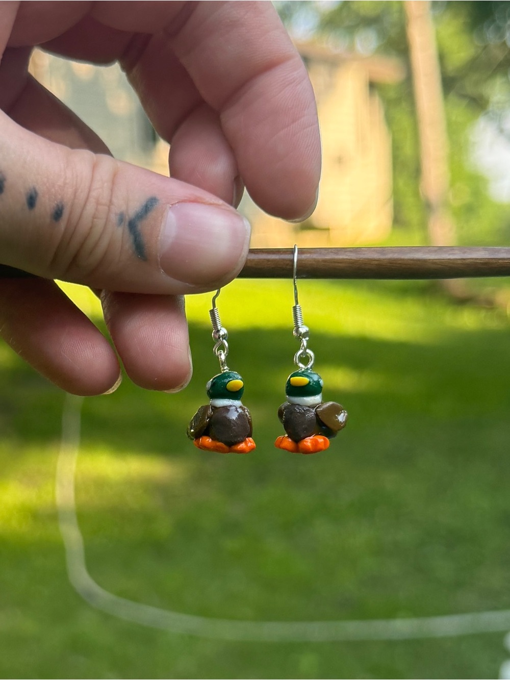 Handmade Duck Dangle Earrings - Green, Brown & Orange
